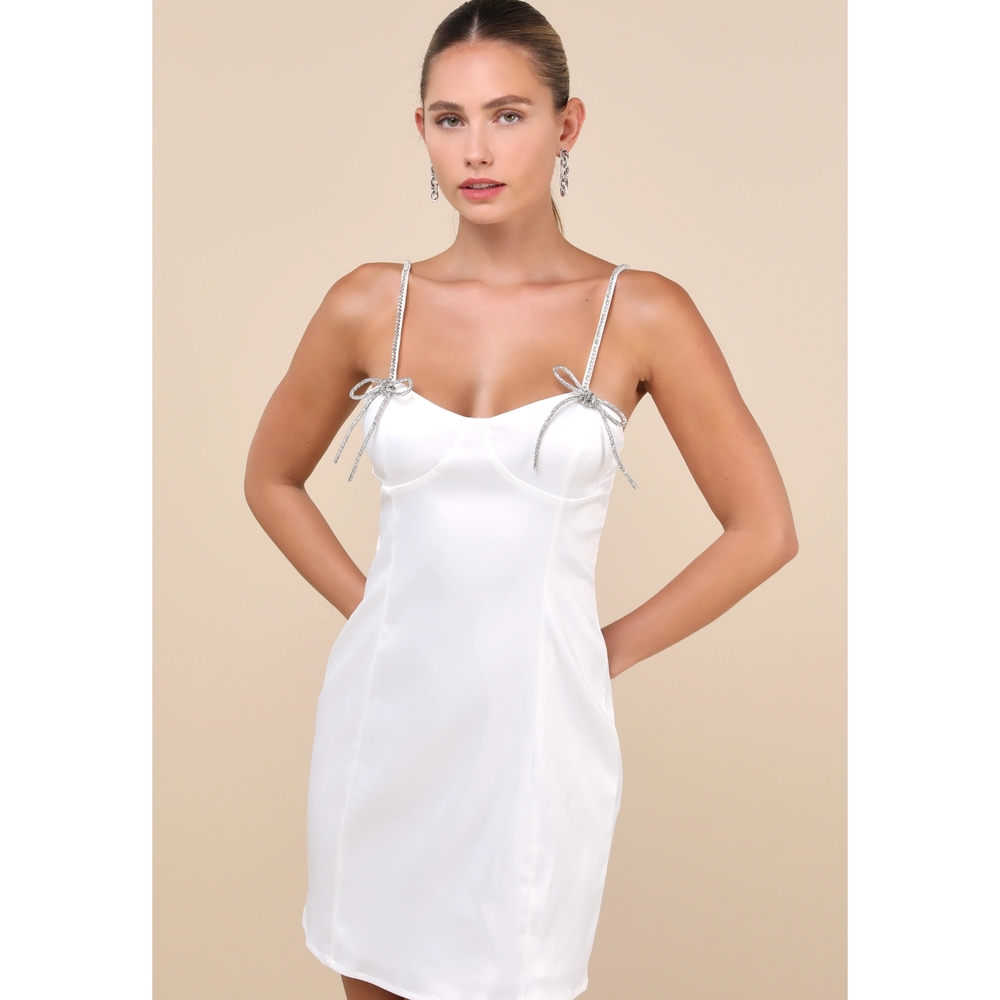 Lulus - Collective -Bling Beauty White Satin Rhinestone Bustier Mini Dress XS